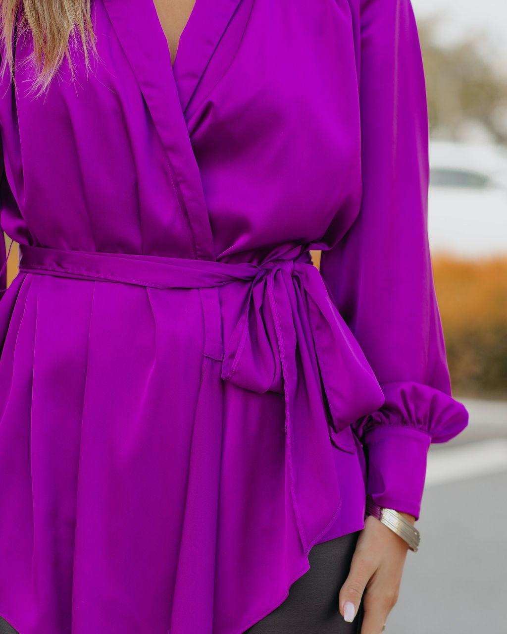 The Sweetest Satin Wrap Blouse - Orchid FATE-001