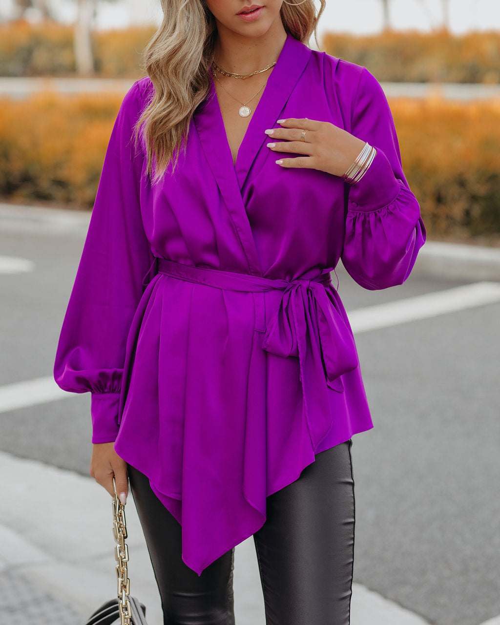 The Sweetest Satin Wrap Blouse - Orchid FATE-001