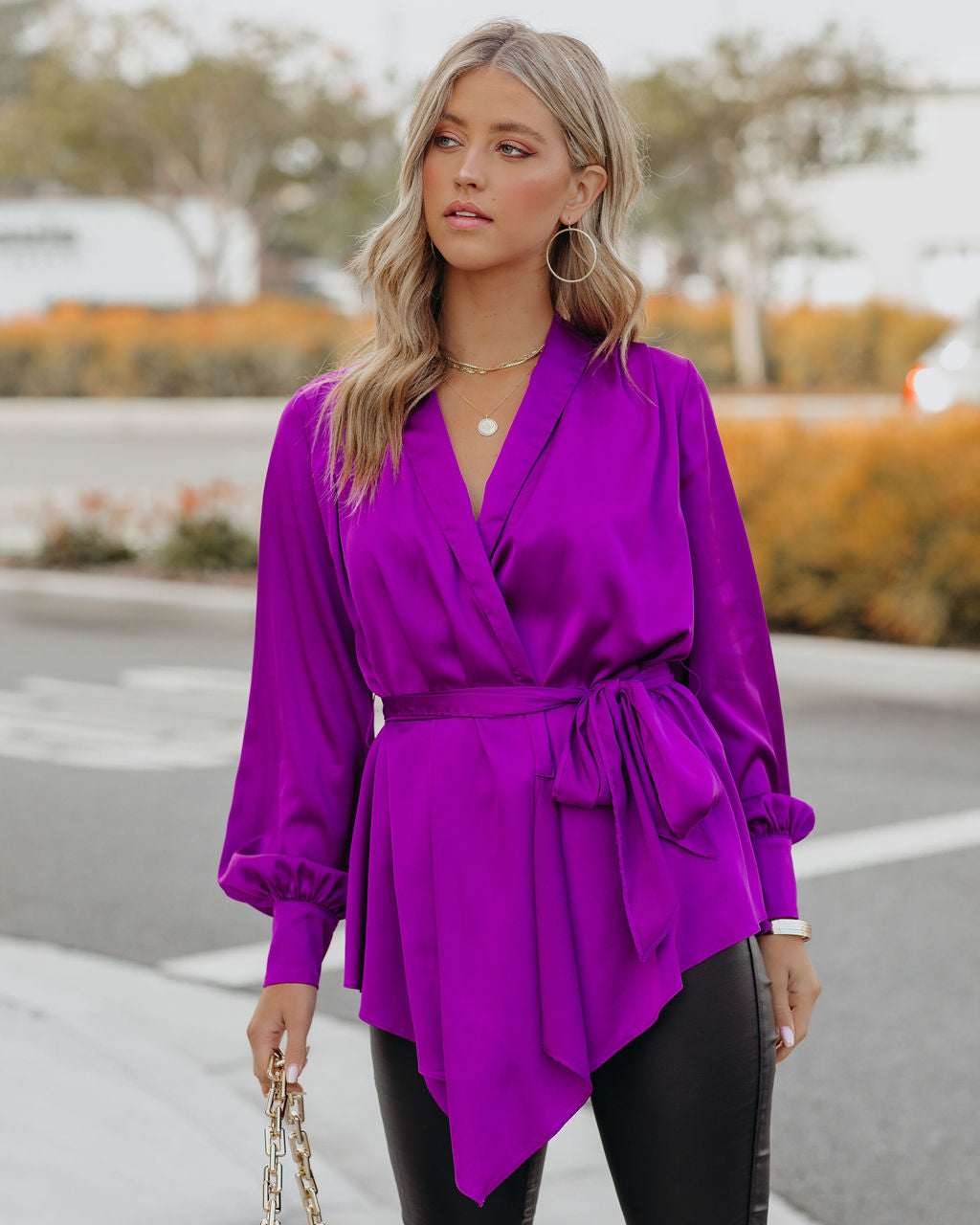 The Sweetest Satin Wrap Blouse - Orchid FATE-001