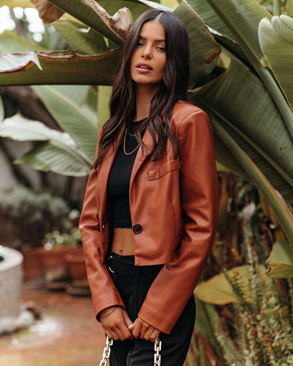 Tiller Faux Leather Crop Blazer - Pecan BAGA-001