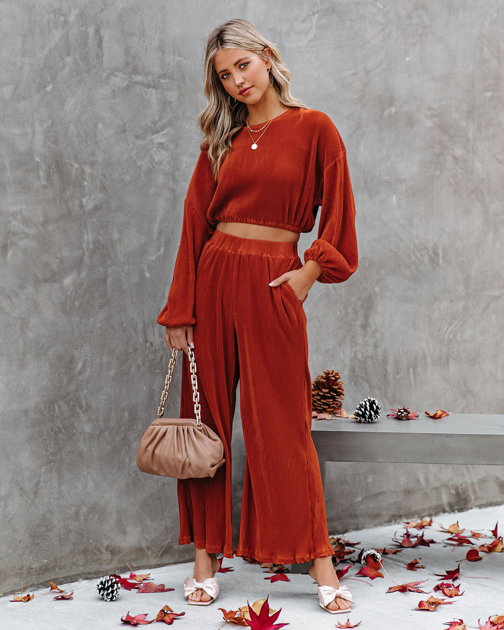 Tini Pocketed High Rise Plisse Pants - Rust - FINAL SALE DRES-001