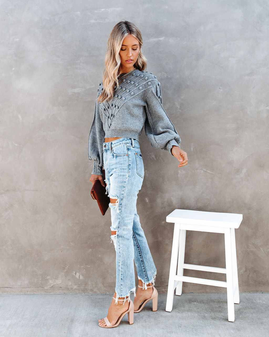 Upstage Cropped Balloon Sleeve Pom Sweater SKYL-002