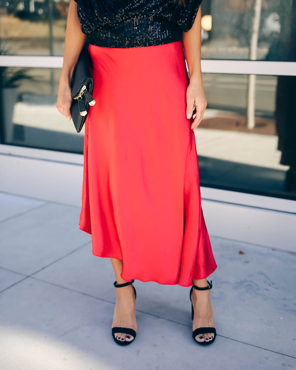 State Of Bliss Satin Asymmetrical Midi Skirt - Red Ins Street