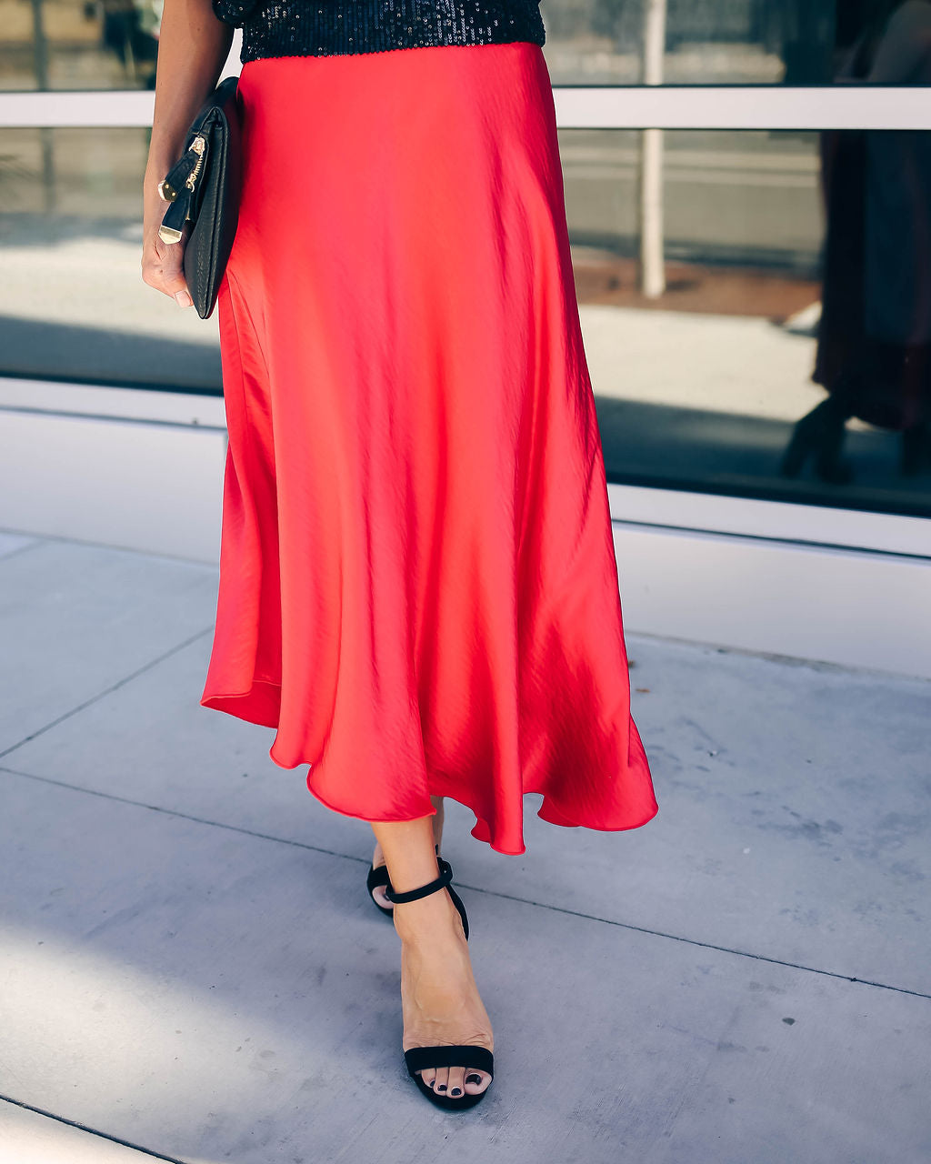 State Of Bliss Satin Asymmetrical Midi Skirt - Red Ins Street