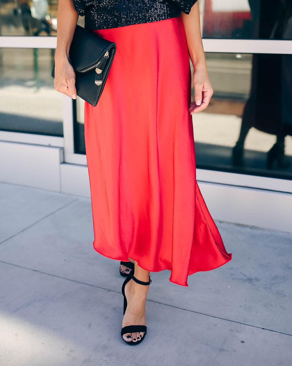 State Of Bliss Satin Asymmetrical Midi Skirt - Red Ins Street