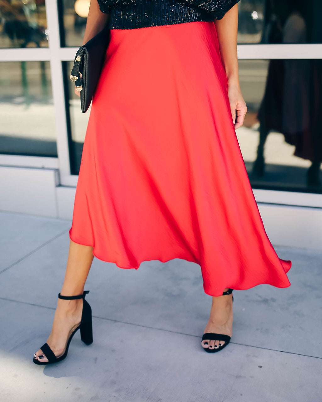 State Of Bliss Satin Asymmetrical Midi Skirt - Red Ins Street