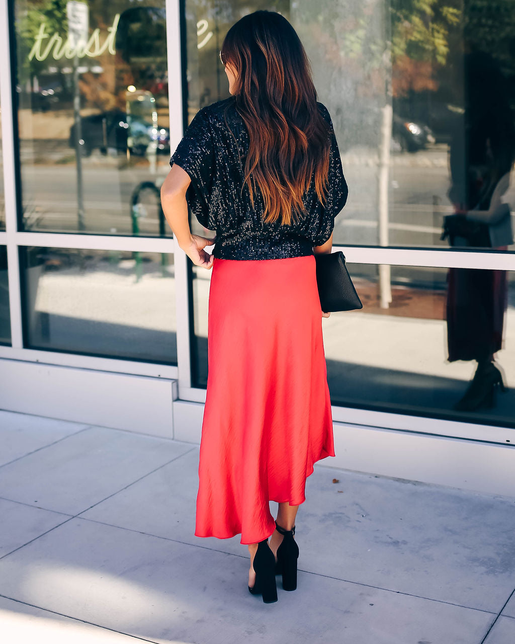 State Of Bliss Satin Asymmetrical Midi Skirt - Red Ins Street