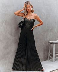 Vip Strapless Faux Leather Pleated Jumpsuit Ins Street