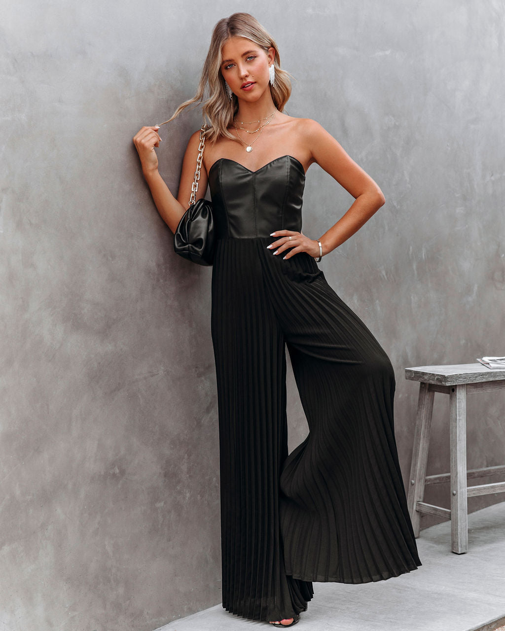 Vip Strapless Faux Leather Pleated Jumpsuit Ins Street
