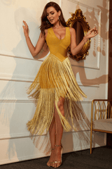 Una Yellow Fringe Party Bandage Dress Ins Street