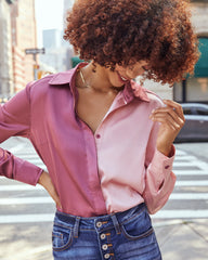 Macy Satin Colorblock Button Down Blouse - Pink Ins Street