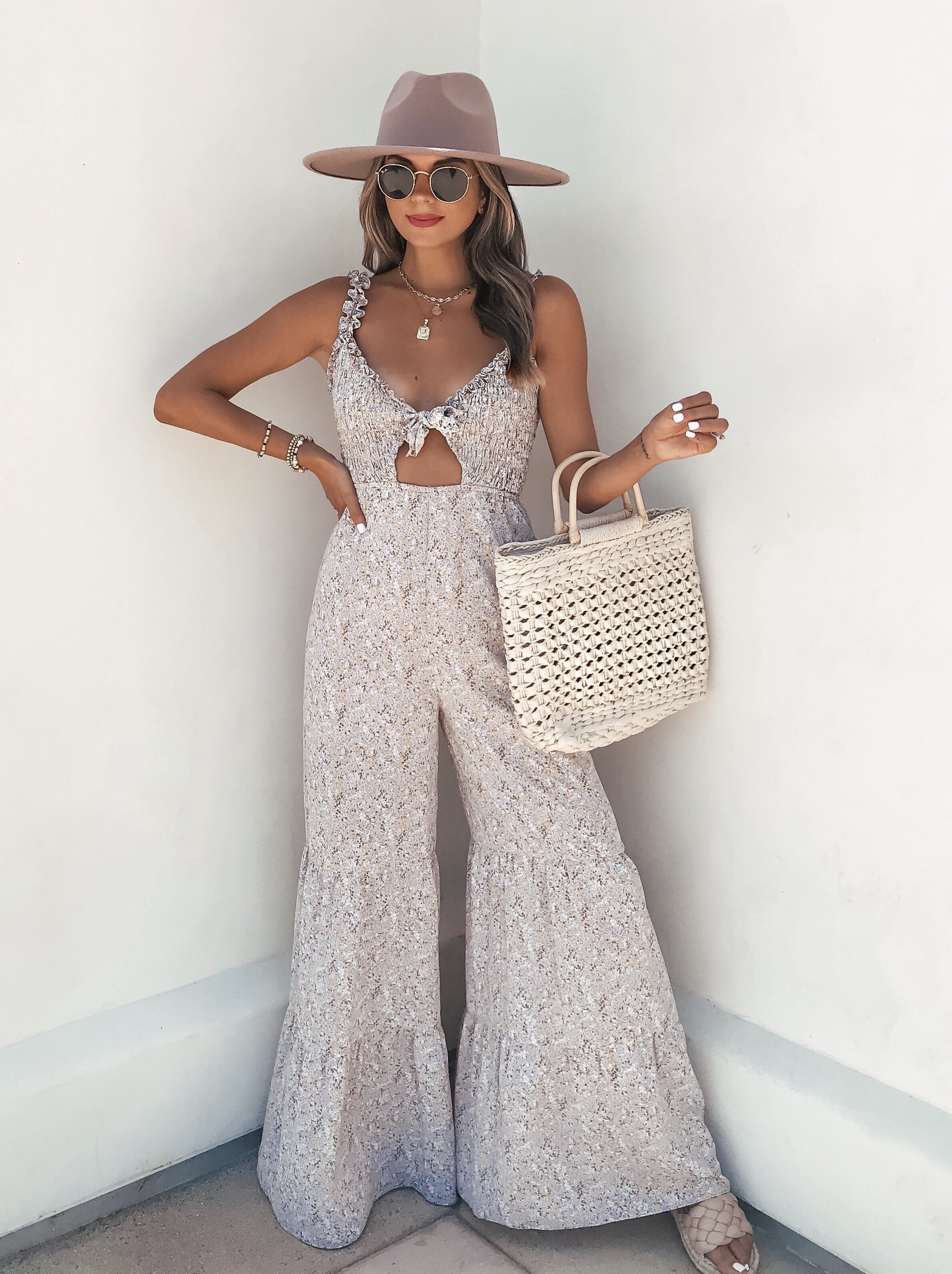 Heather Floral Smocked Wide Leg Jumpsuit Ins Street