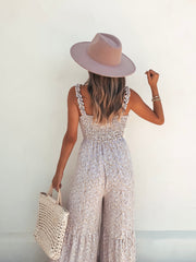 Heather Floral Smocked Wide Leg Jumpsuit Ins Street