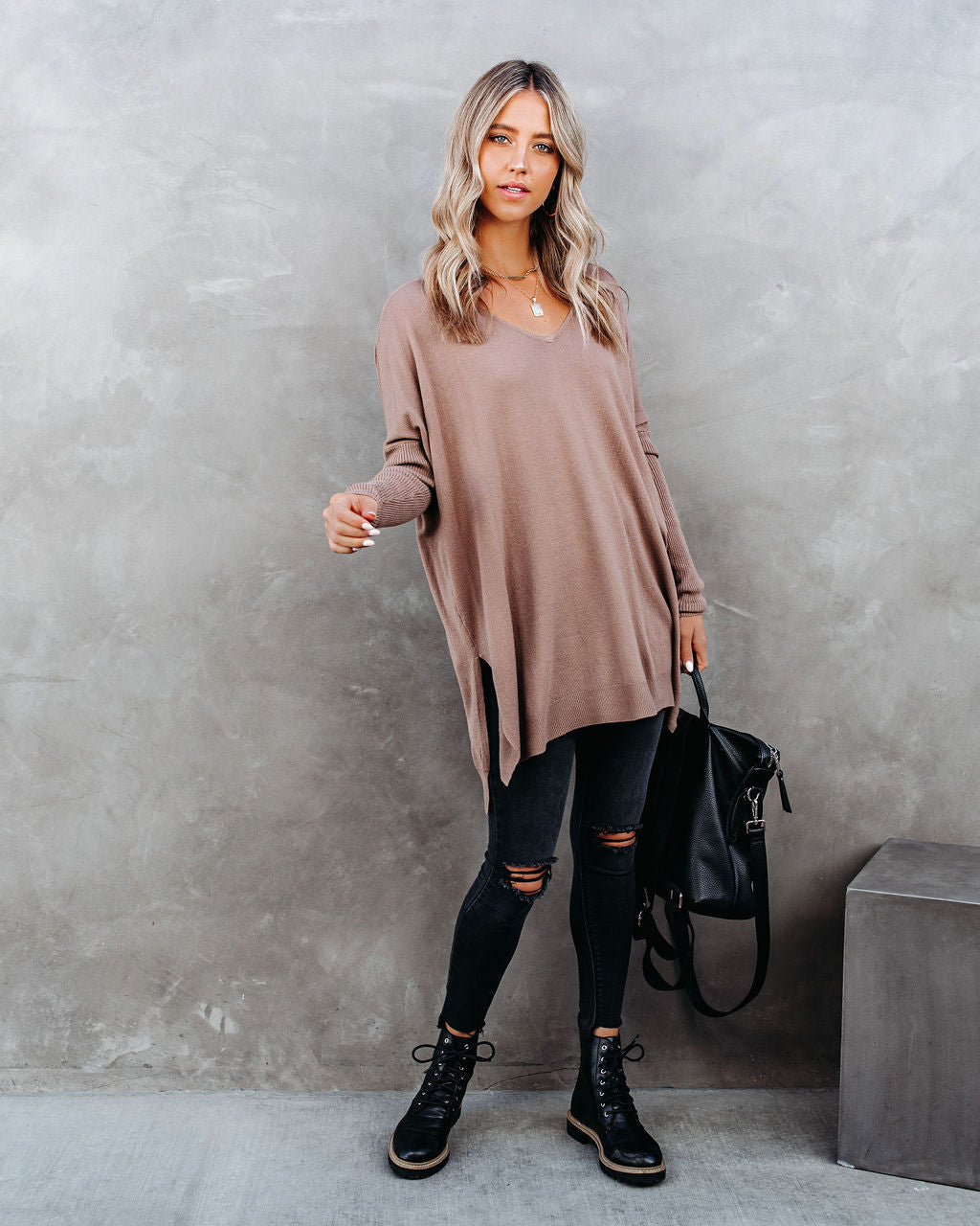 Vital V-Neck Ribbed Sleeve Sweater - Latte Ins Street