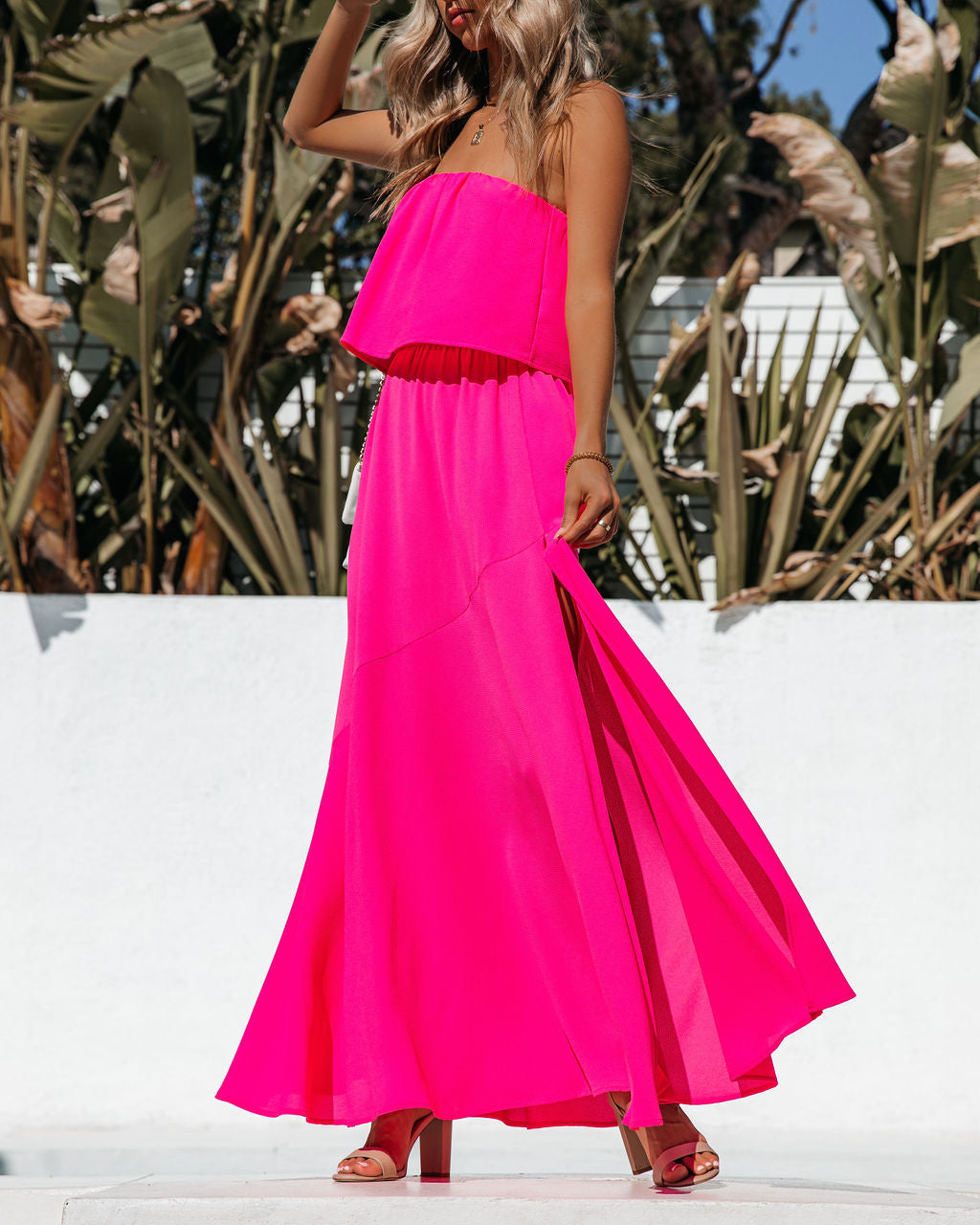 Vivid Strapless Slit Maxi Dress - Hot Pink – InsStreet