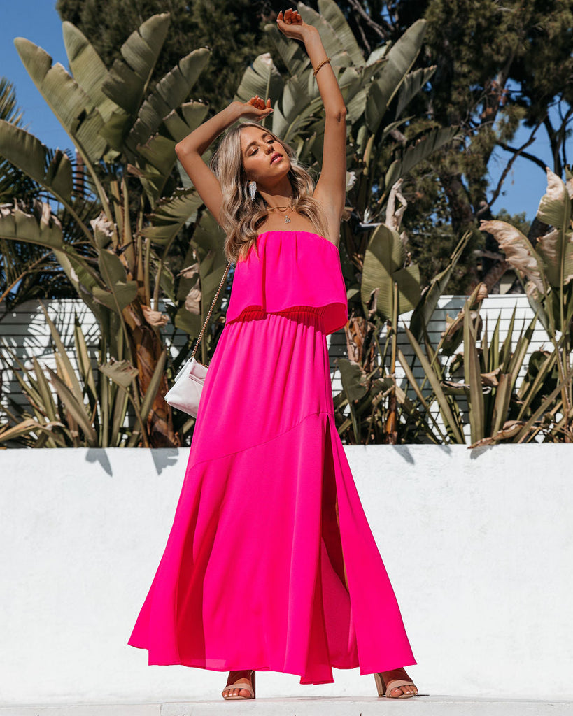 Vivid Strapless Slit Maxi Dress - Hot Pink – InsStreet