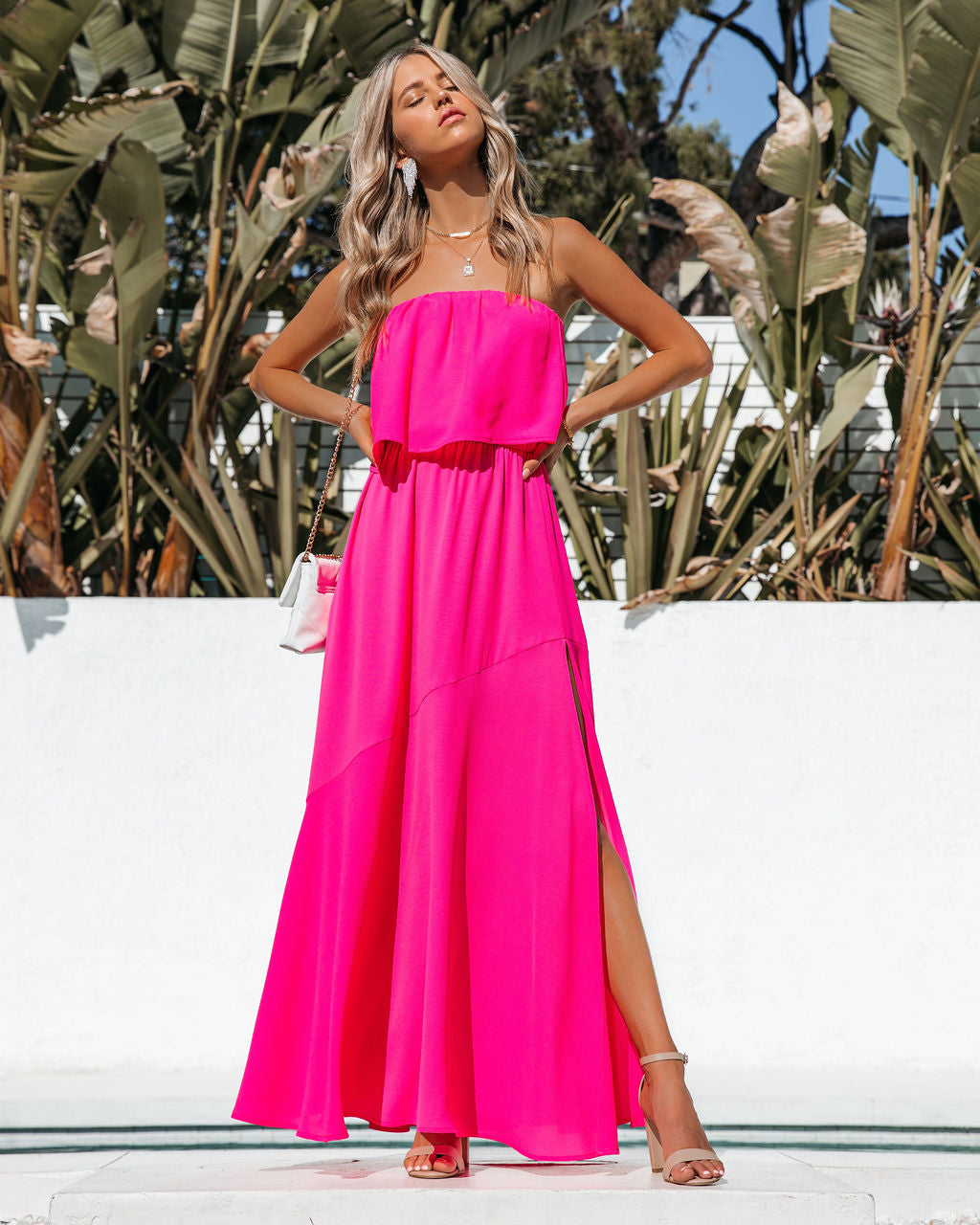 Vivid Strapless Slit Maxi Dress - Hot Pink Ins Street