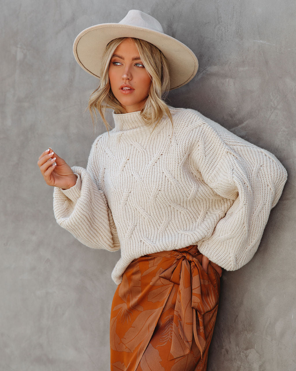 Windblown Mock Neck Knit Sweater - Ecru Ins Street