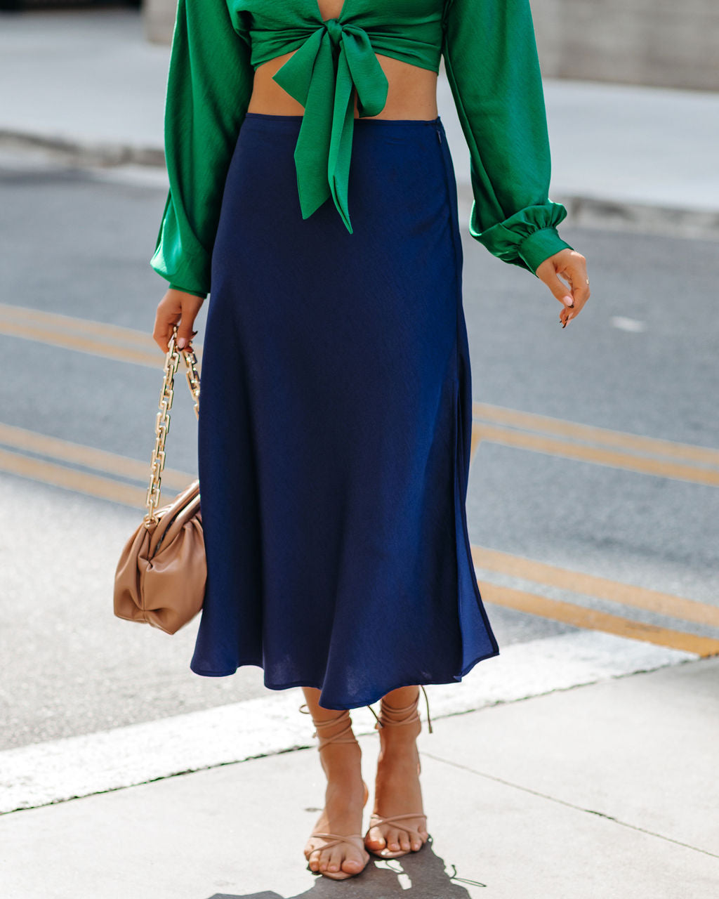 Wishful Satin Slit Midi Skirt - Navy Ins Street