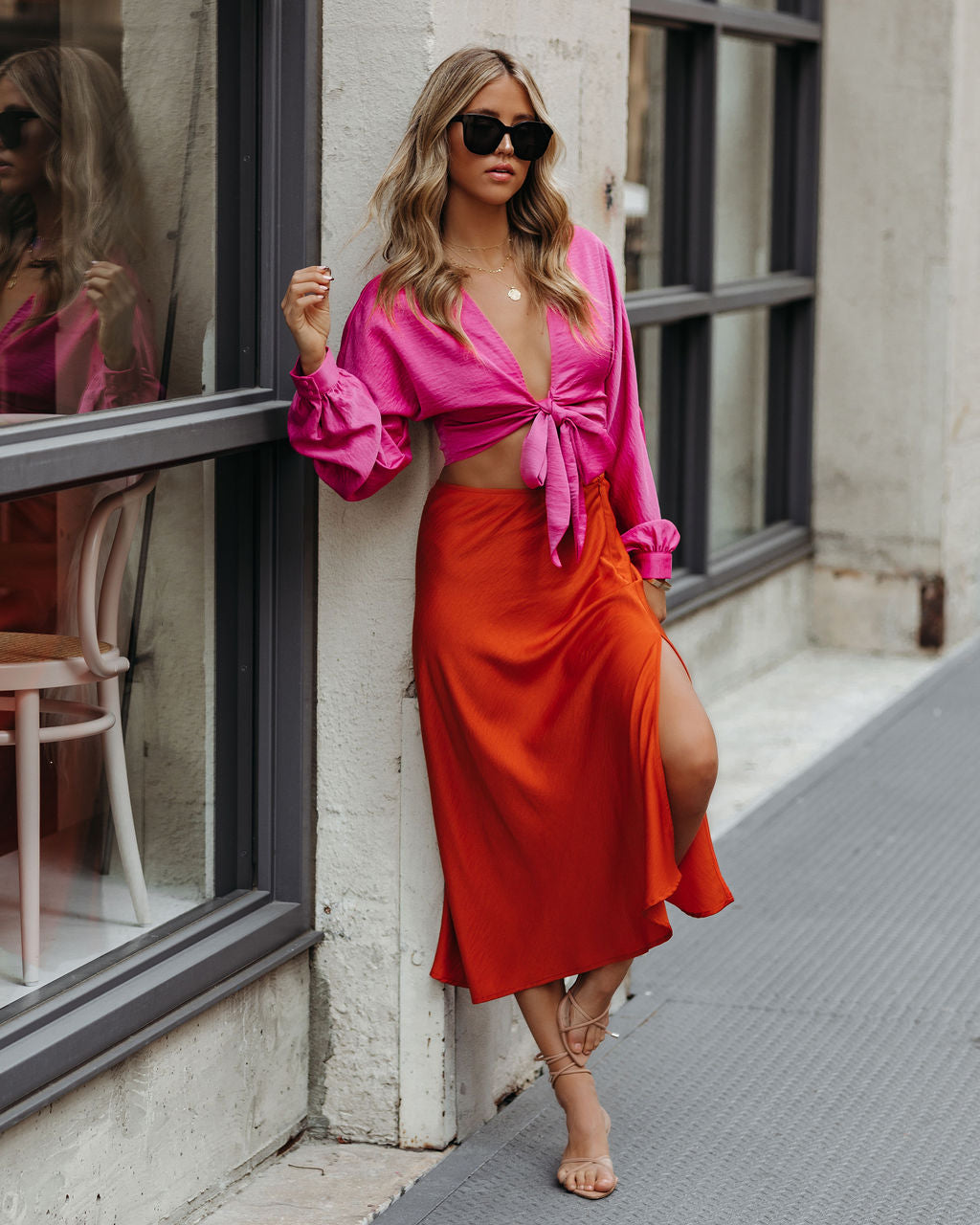 Wishful Satin Slit Midi Skirt - Orange Ins Street