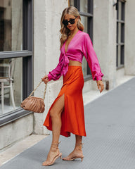 Wishful Satin Slit Midi Skirt - Orange Ins Street