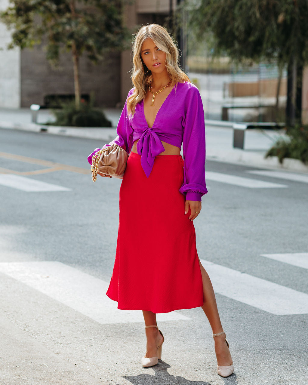 Wishful Satin Slit Midi Skirt - Red Ins Street