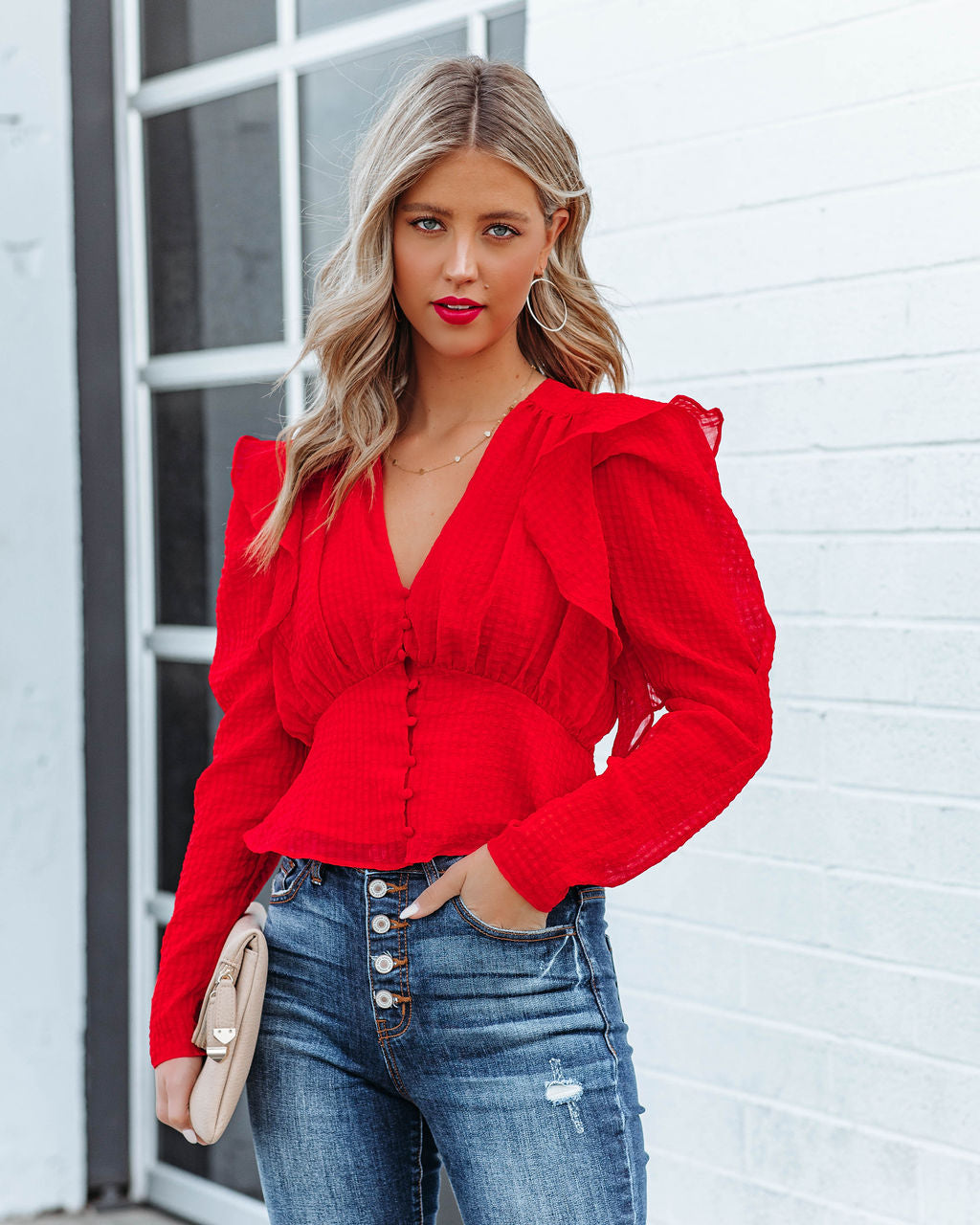 Yeva Cropped Button Down Ruffle Blouse - Red Ins Street
