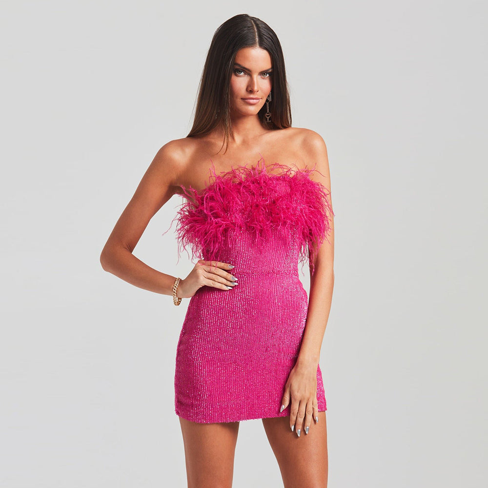 Strapless Sleeveless Mini Feather Bodycon Dress Ins Street