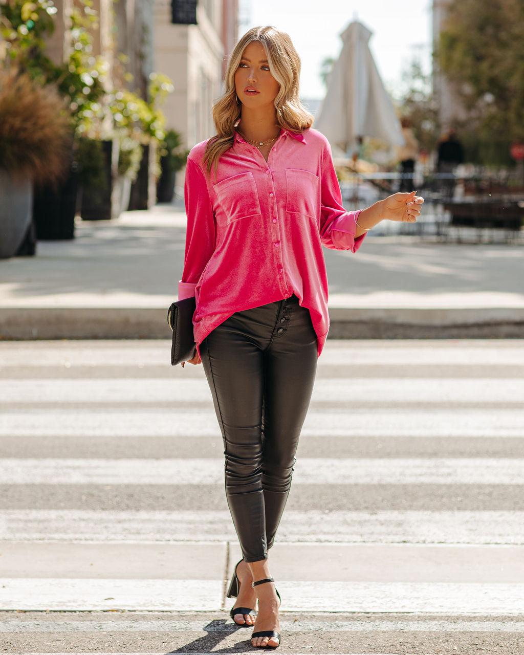 Zamora Pocketed Velvet Button Down Top - Fuchsia Ins Street