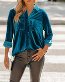 Zamora Pocketed Velvet Button Down Top - Teal Ins Street