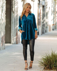 Zamora Pocketed Velvet Button Down Top - Teal Ins Street