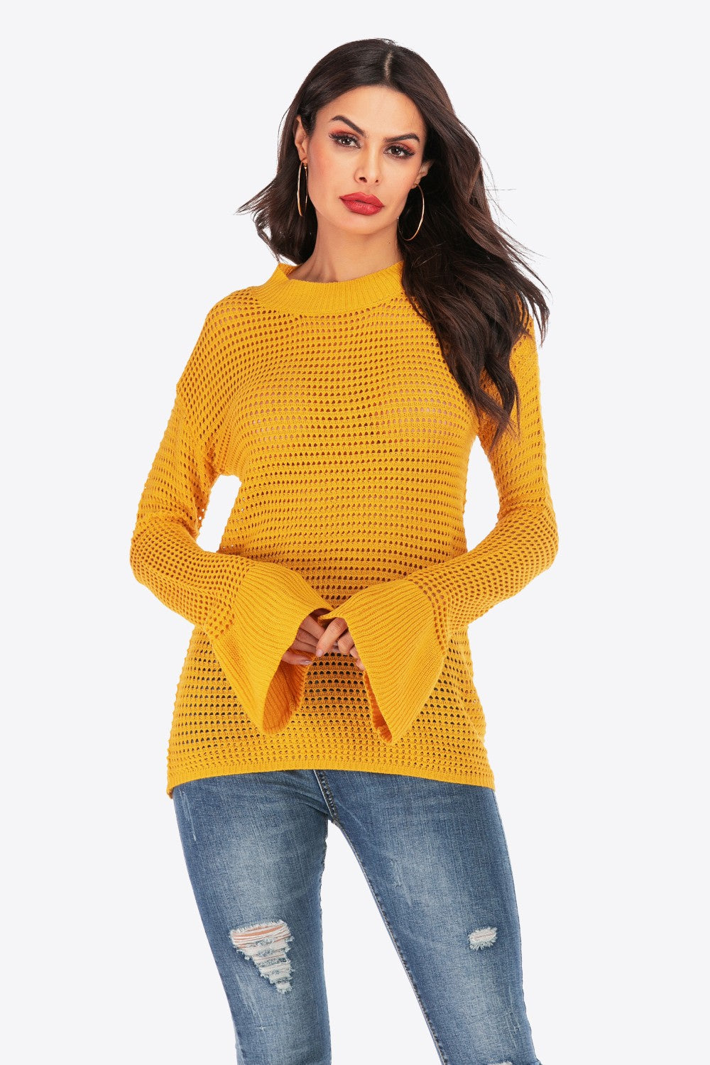 Openwork Flare Sleeve Round Neck Sweater Ins Street