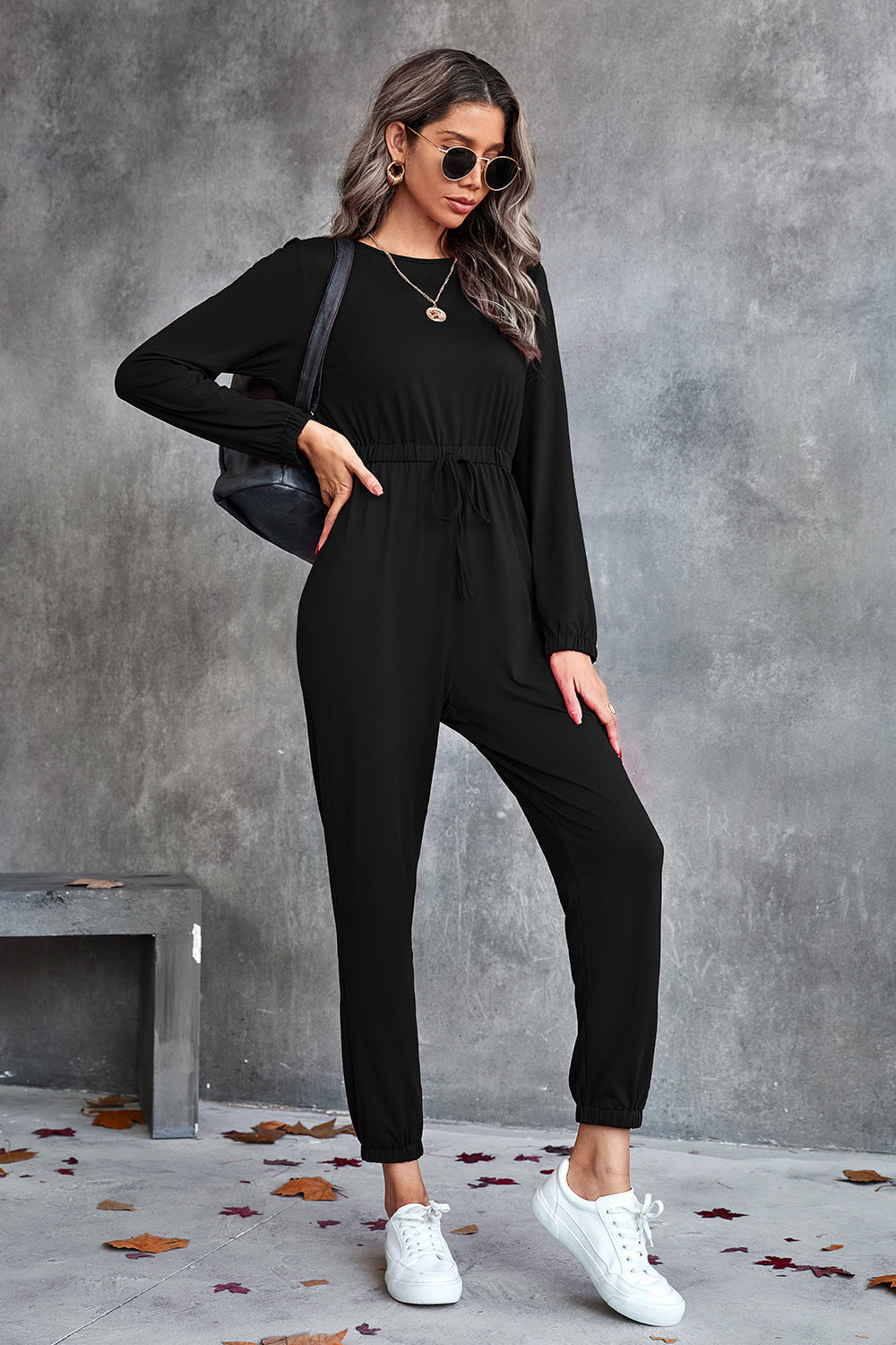 Drawstring Waist Round Neck Long Sleeve Jumpsuit Ins Street