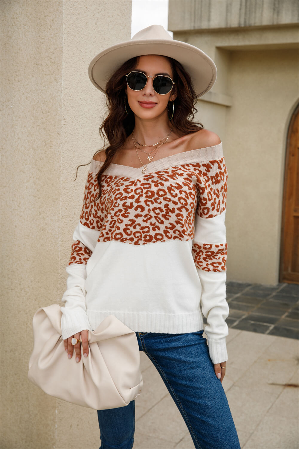 Leopard Color Block V-Neck Knit Pullover Ins Street