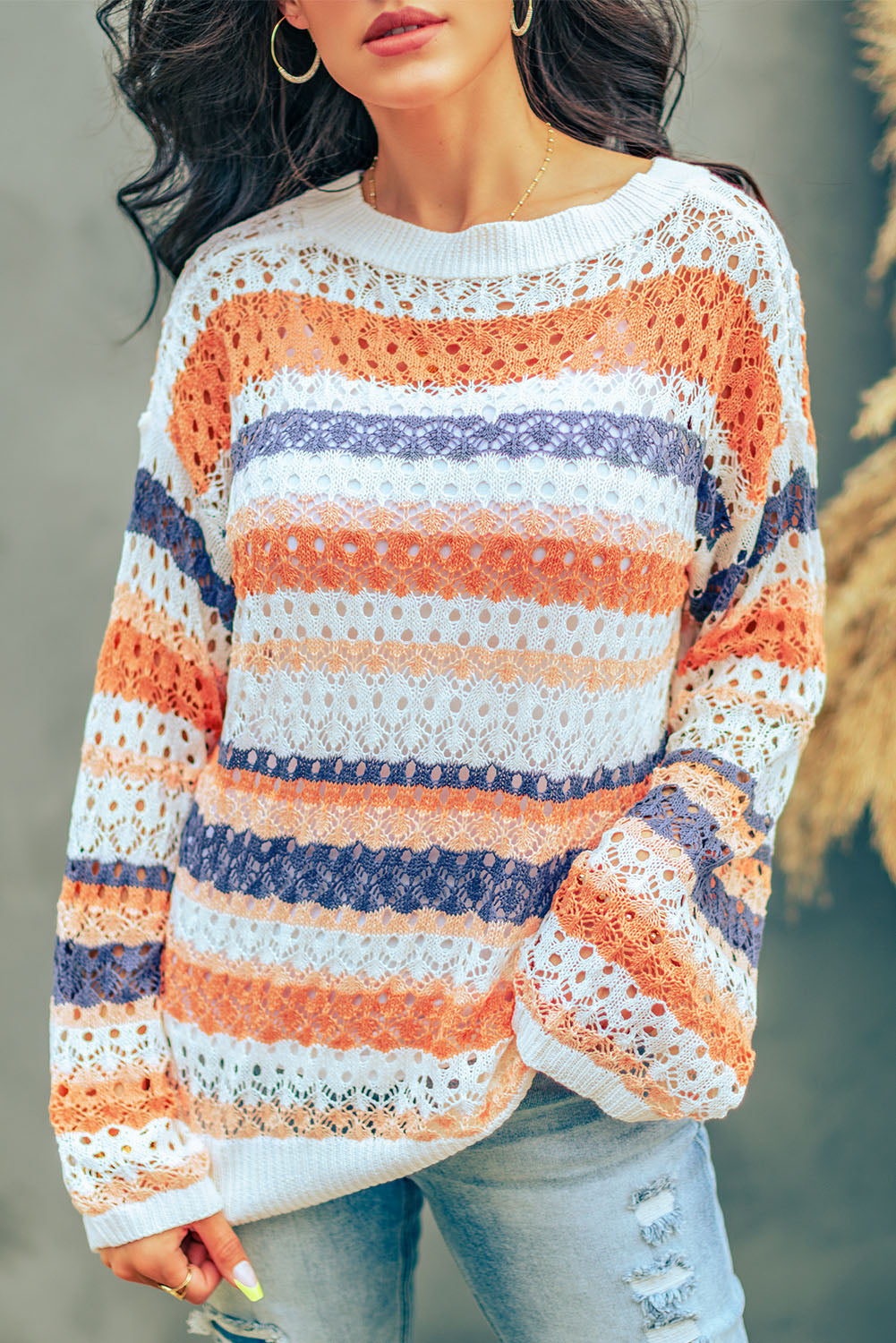 Multicolored Stripe Openwork Knit Pullover Ins Street