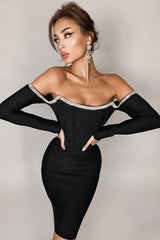 Off-Shoulder Long Sleeve Mini Dress with Rhinestone Detail Ins Street