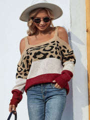 Leopard Print Color Block Square Neck Sweater Ins Street