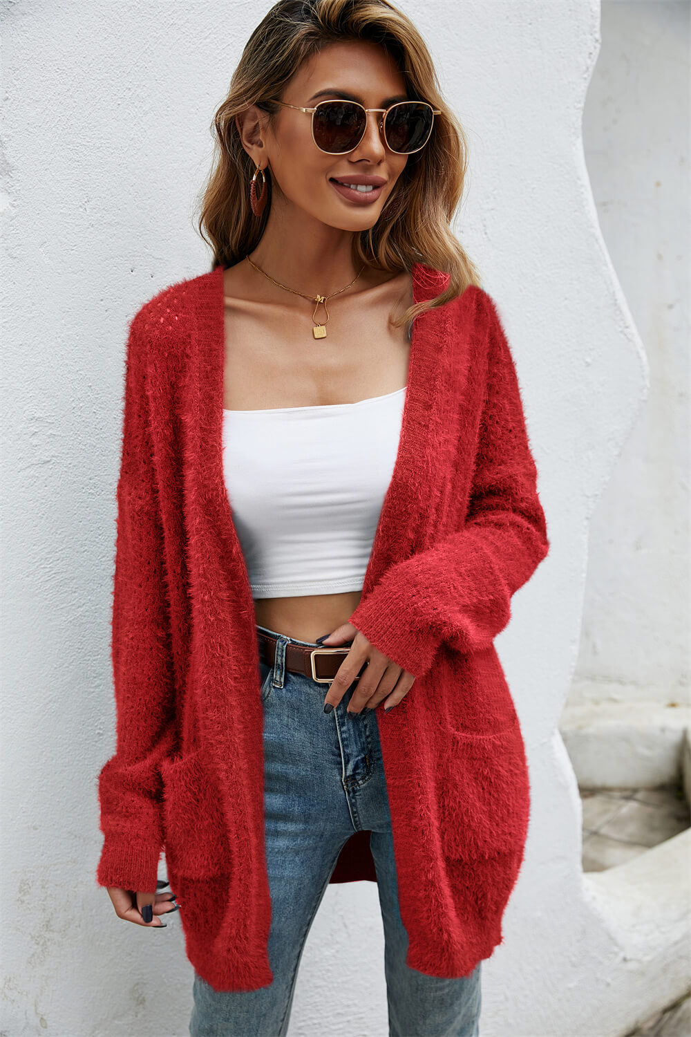 Open Front Openwork Fuzzy Cardigan with Pockets Ins Street