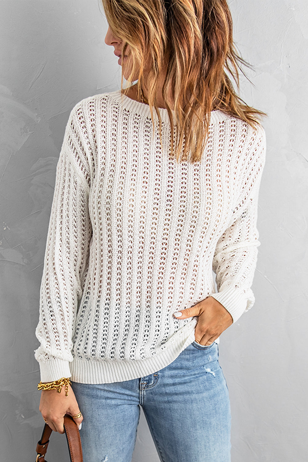 Dropped Shoulder Openwork Sweater Ins Street