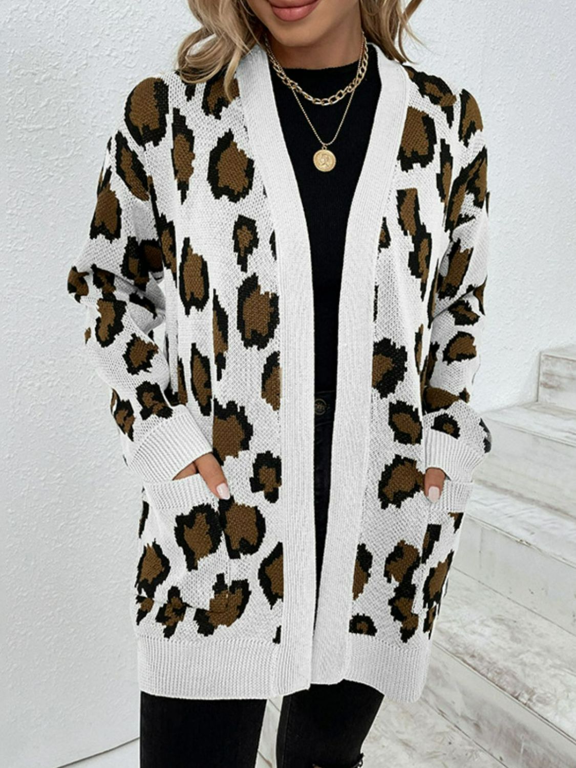 Leopard Print Ribbed Trim Dropped Shoulder Longline Cardigan Ins Street