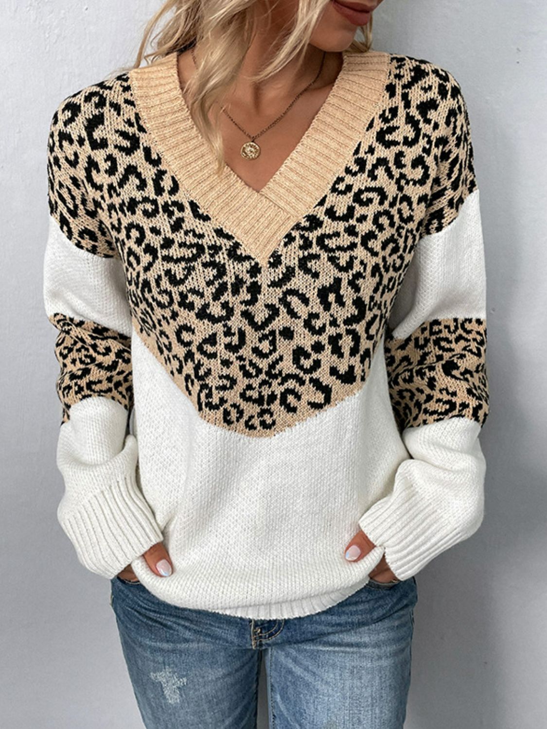 Leopard Color Block V-Neck Ribbed Trim Sweater Ins Street