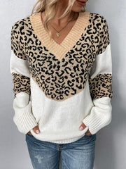 Leopard Color Block V-Neck Ribbed Trim Sweater Ins Street