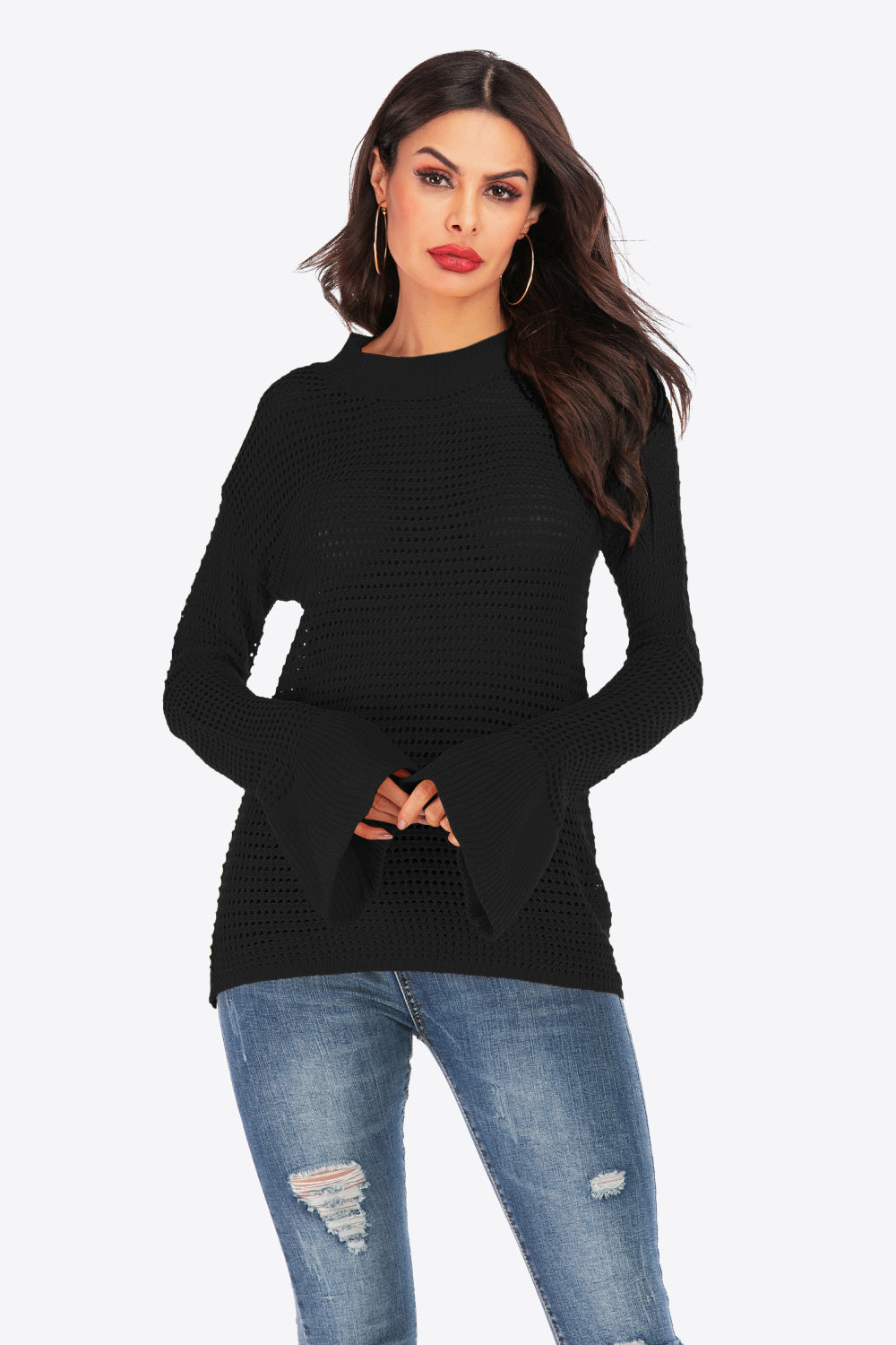 Openwork Flare Sleeve Round Neck Sweater Ins Street