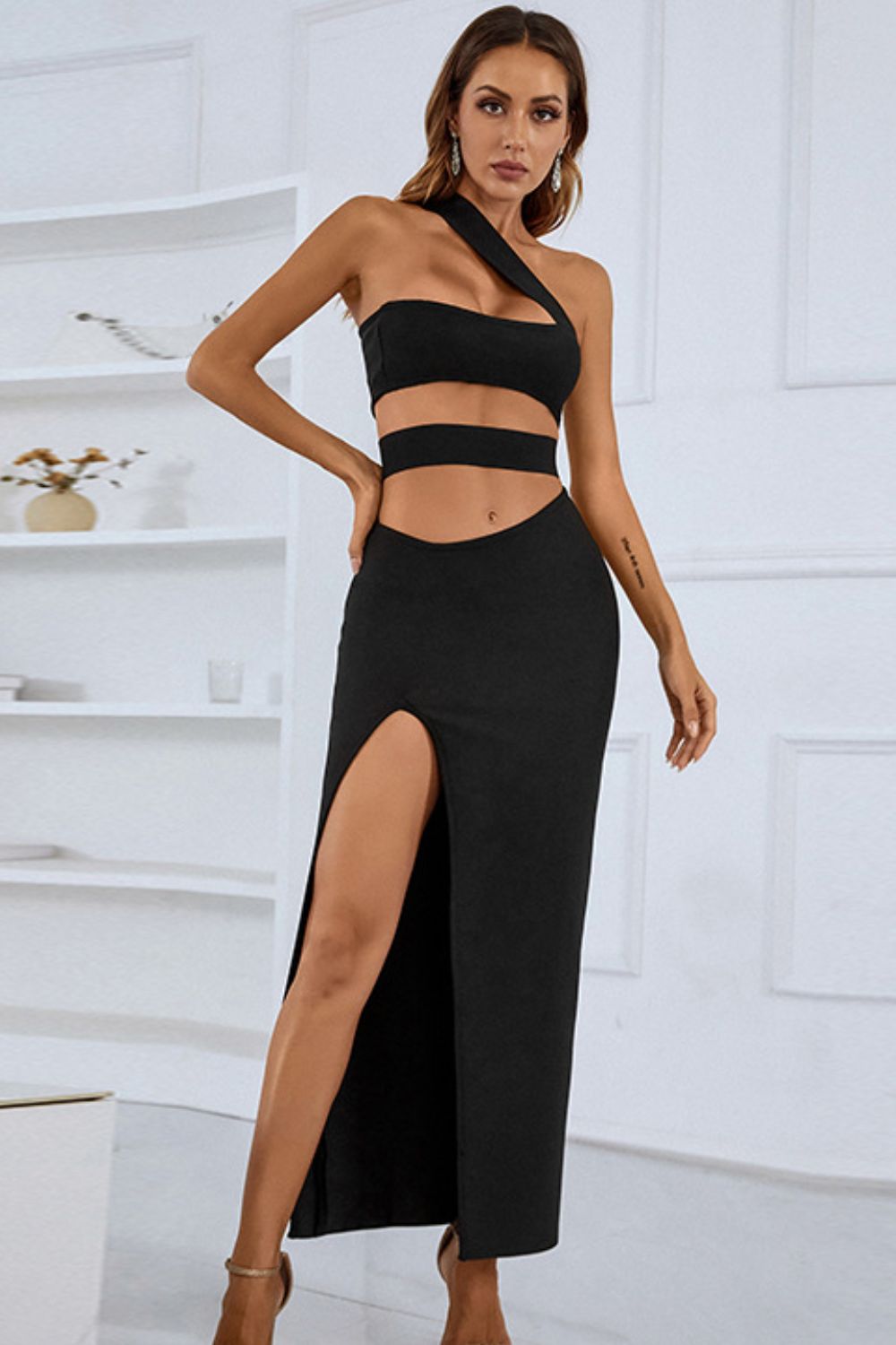 One-Shoulder Cutout Front Split Maxi Dress Ins Street