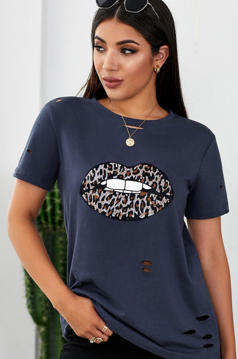 Leopard Lip Distressed T-Shirt Ins Street