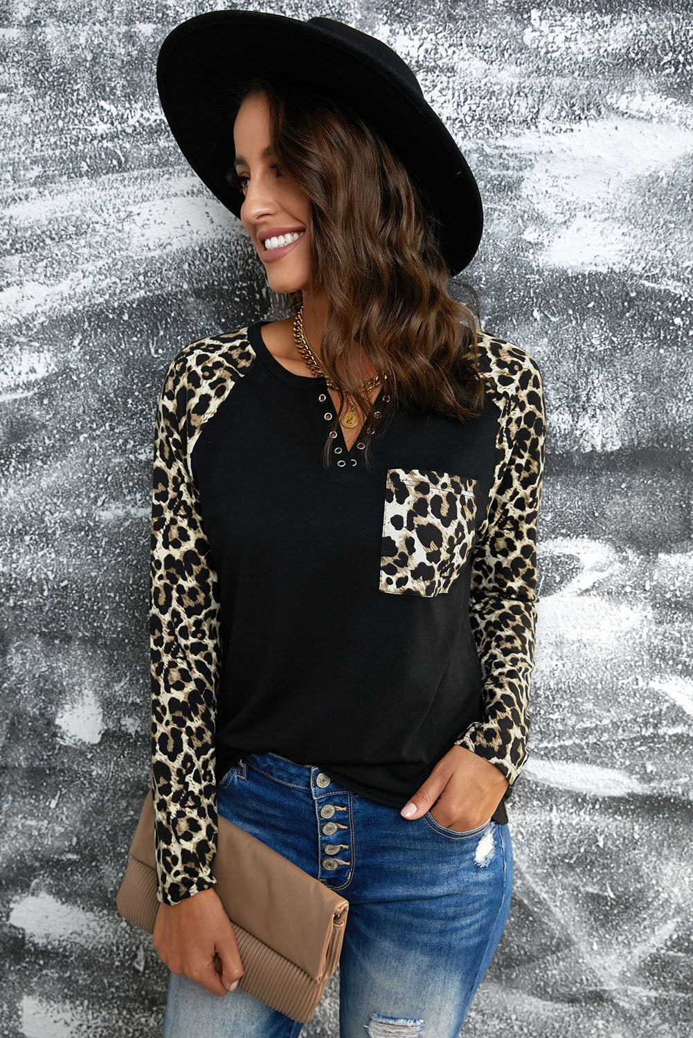 Leopard Print Grommet Long Sleeve Tee Ins Street