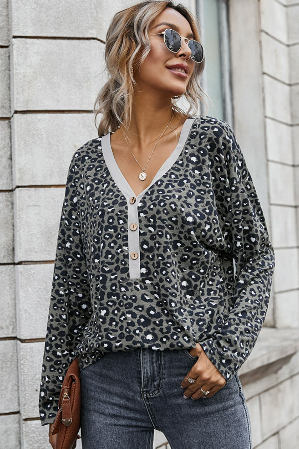 Leopard Buttoned Contrast Trim Top Ins Street