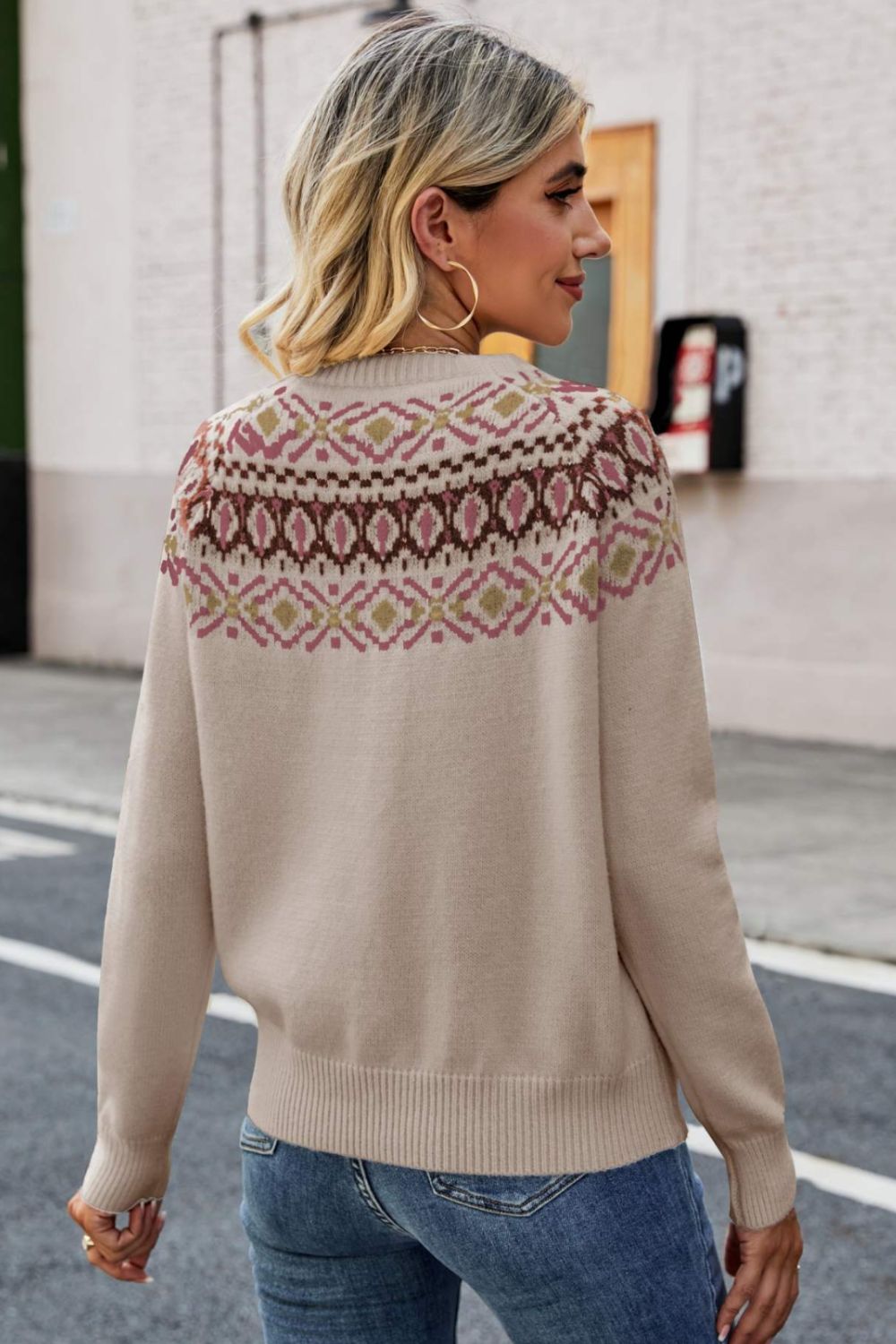 Patterned Raglan Sleeve Round Neck Sweater Ins Street