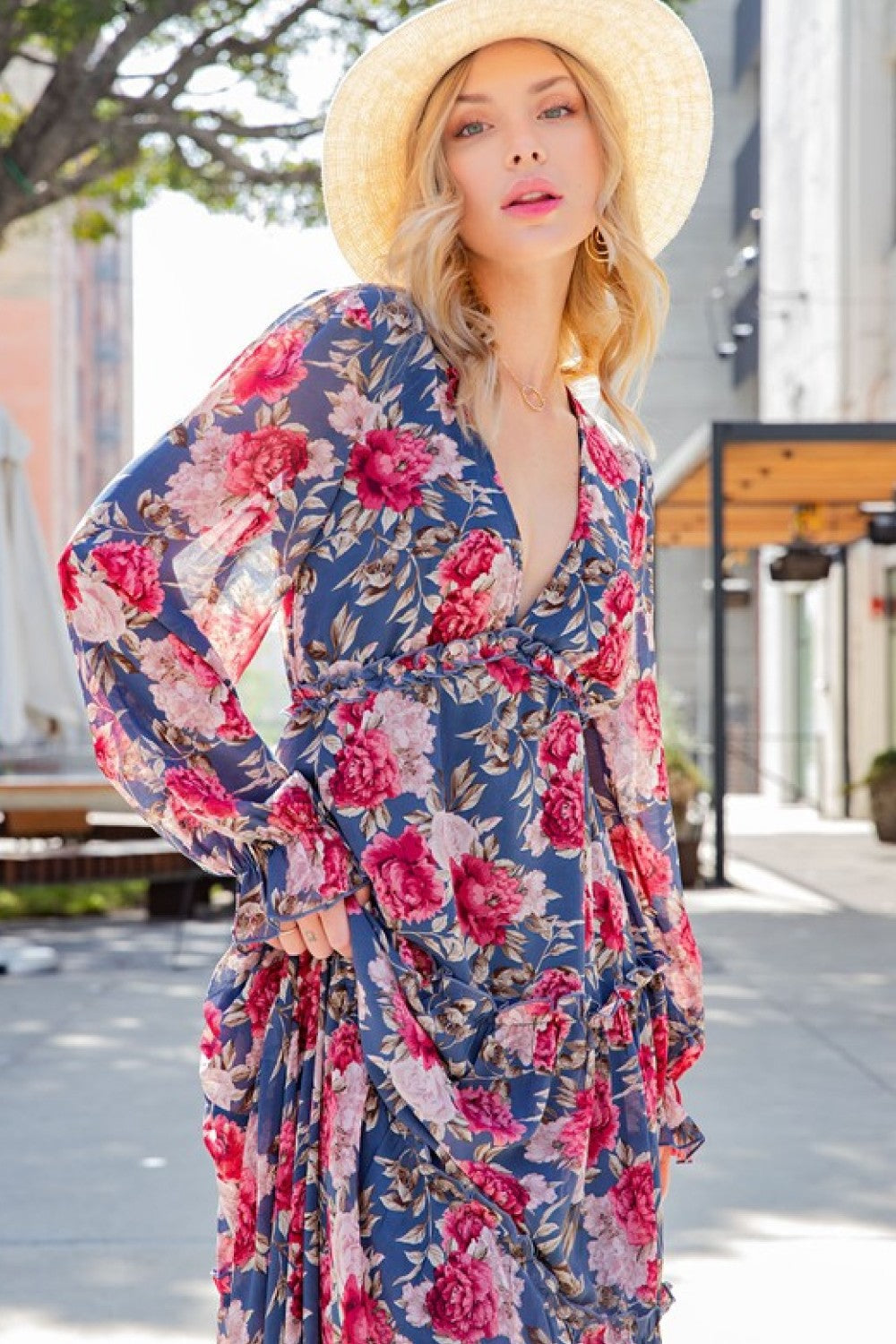 ee:some Floral Frill Trill Deep V Maxi Dress Ins Street