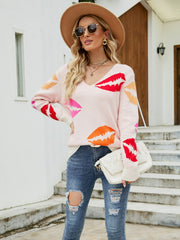 Lip Print V-Neck Knit Top Ins Street